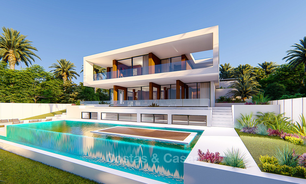 Vrijstaande moderne nieuwbouw villa te koop, tweedelijn golf met onbelemmerd golf- en zeezicht, Estepona 4700