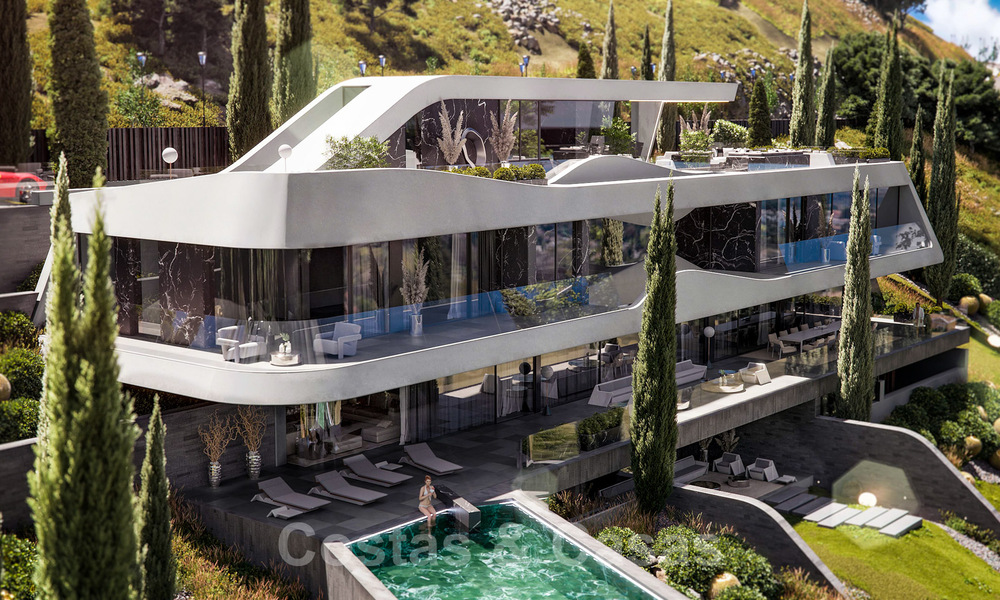 Spectaculaire design nieuwbouwvilla te koop met panoramisch uitzicht op de golf, het meer, bergen en de zee, in een gated golfresort in Benahavis - Marbella 36634