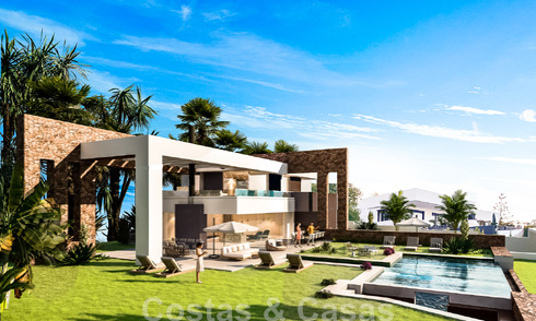 Perceel + moderne nieuwbouwvilla met zeezicht in een luxe woonproject te koop, dicht bij het strand in Manilva, Costa del Sol 46467