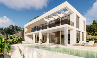 Nieuwe designervilla te koop, met panoramisch zeezicht in een rustige omgeving op loopafstand van het strand in Manilva, Costa del Sol 48072 